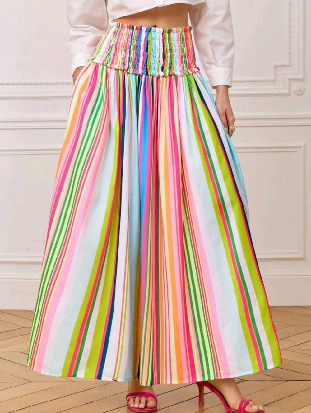 Women's Elegant Casual Spring/Summer Blue And White Stripe Waist Ruched